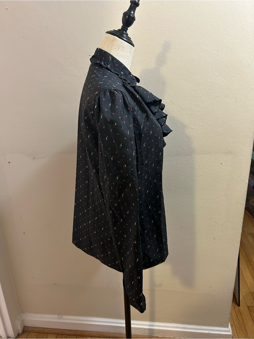 Black Ruffle-Neck Long Sleeve Blouse with Pink  Print* - Picture 8 of 14